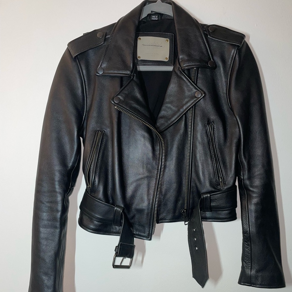 Black Leather Motorcycle Jacket with Asymmetrical Zipper and Belted Waist